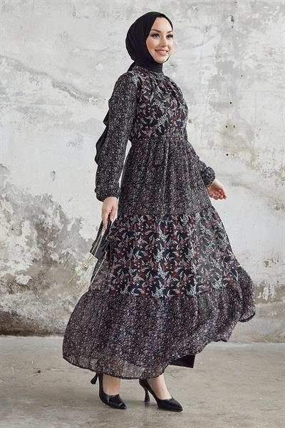 Nessa Çiçekli Kuşaklı Şifon Elbise - Siyah