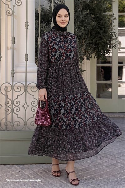 Nessa Çiçekli Kuşaklı Şifon Elbise - Siyah