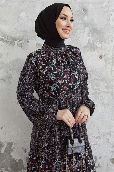 Nessa Çiçekli Kuşaklı Şifon Elbise - Siyah