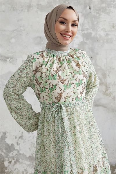 Nessa Çiçekli Kuşaklı Şifon Elbise - Yeşil
