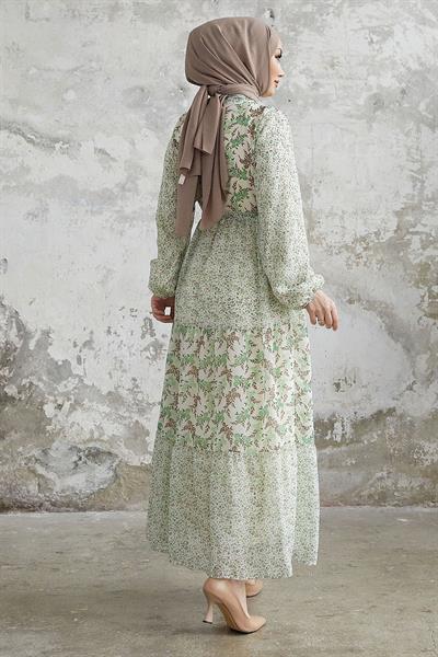 Nessa Çiçekli Kuşaklı Şifon Elbise - Yeşil