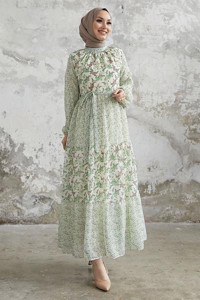 Nessa Çiçekli Kuşaklı Şifon Elbise - Yeşil