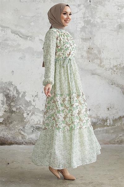 Nessa Çiçekli Kuşaklı Şifon Elbise - Yeşil
