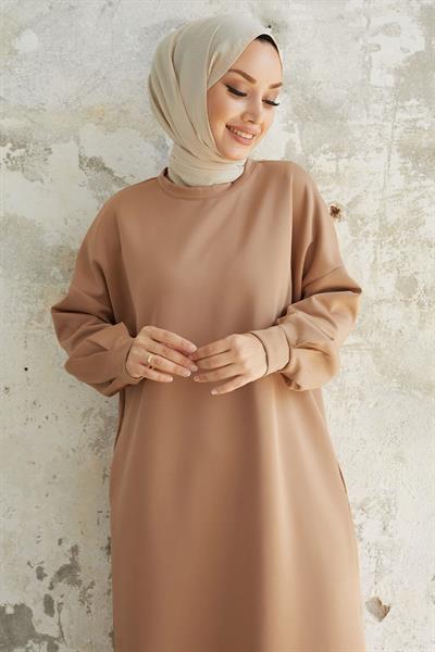 Nevra Cepli Scuba Koyu Bej Elbise