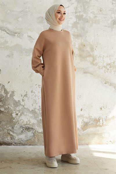 Nevra Cepli Scuba Koyu Bej Elbise