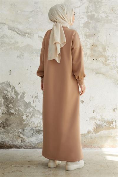 Nevra Cepli Scuba Koyu Bej Elbise