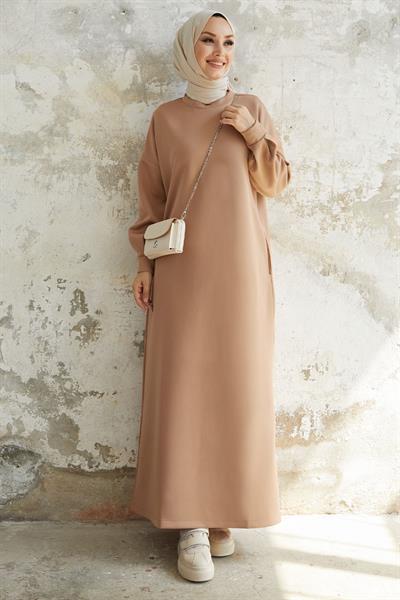 Nevra Cepli Scuba Koyu Bej Elbise