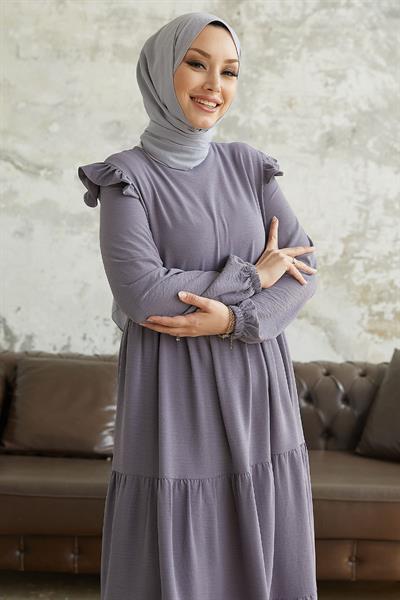 Neya Omuzu Fırfırlı Salaş Elbise - Antrasit