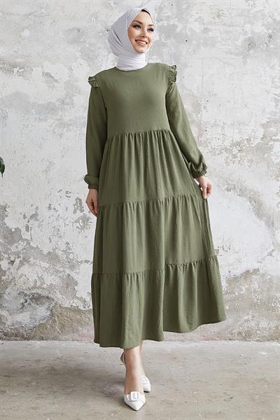 Neya Omuzu Fırfırlı Salaş Elbise - Haki