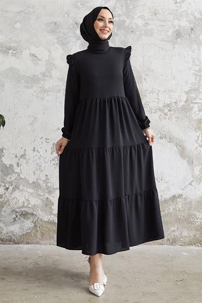 Neya Omuzu Fırfırlı Salaş Elbise - Siyah