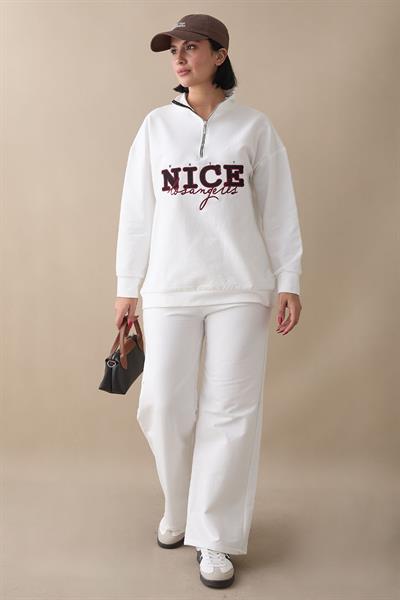 Nice Printed Zippered White Two-Piece Set