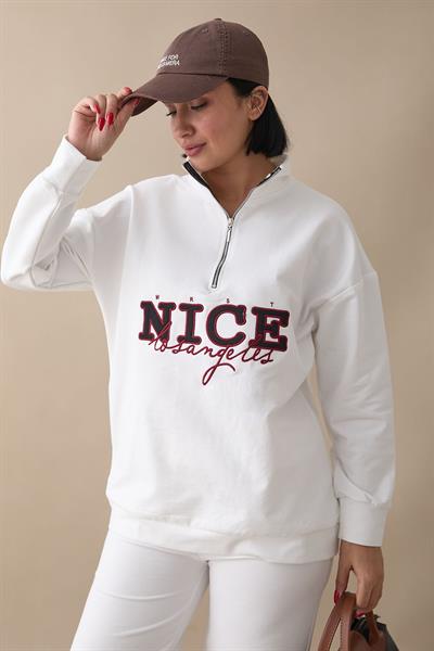 Nice Printed Zippered White Two-Piece Set