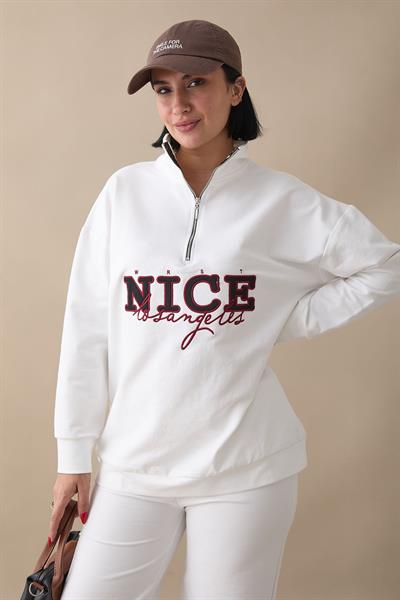 Nice Printed Zippered White Two-Piece Set