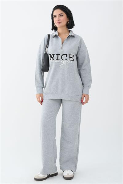 Nice Printed Zippered Gray Two-Piece Set