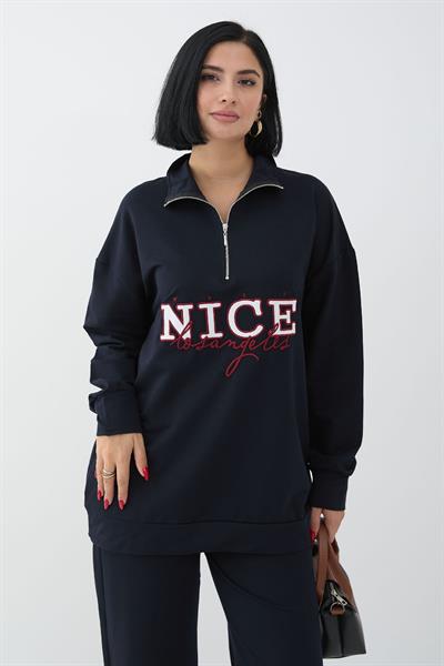 Nice Printed Zippered Navy Blue Two-Piece Set