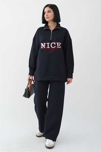 Nice Printed Zippered Navy Blue Two-Piece Set