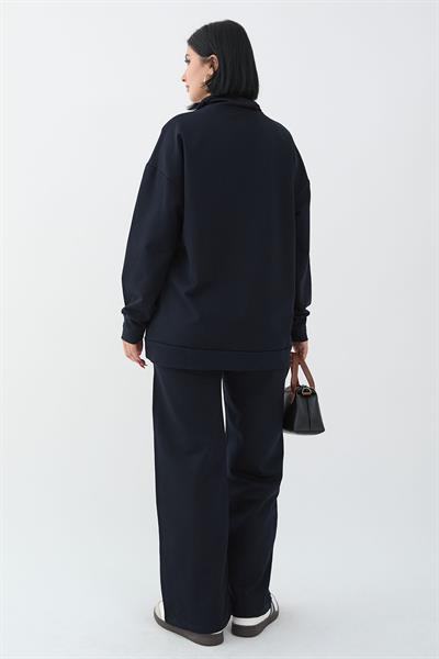 Nice Printed Zippered Navy Blue Two-Piece Set