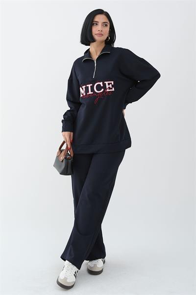 Nice Printed Zippered Navy Blue Two-Piece Set