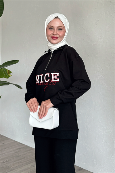 Nice Yazılı Fermuarlı Siyah İkili Takım