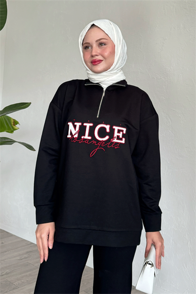 Nice Yazılı Fermuarlı Siyah İkili Takım