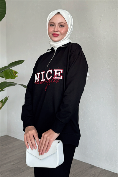 Nice Yazılı Fermuarlı Siyah İkili Takım