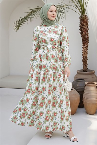 Nila Floral Pattern Belted Dress - Mint