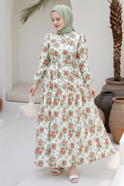 Nila Floral Pattern Belted Dress - Mint