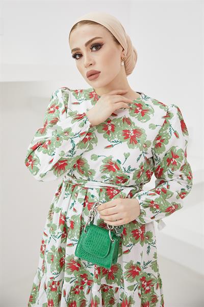 Nila Çiçek Desen Kuşaklı Elbise - Mint