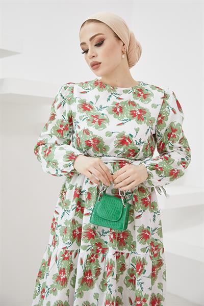 Nila Çiçek Desen Kuşaklı Elbise - Mint