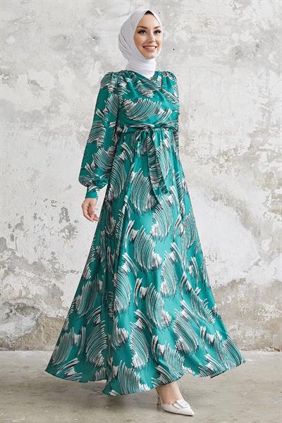 Nori Desenli Kuşaklı Saten Elbise - Yeşil