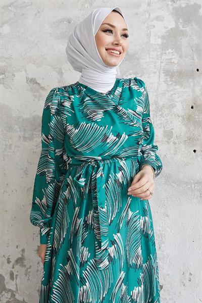 Nori Desenli Kuşaklı Saten Elbise - Yeşil