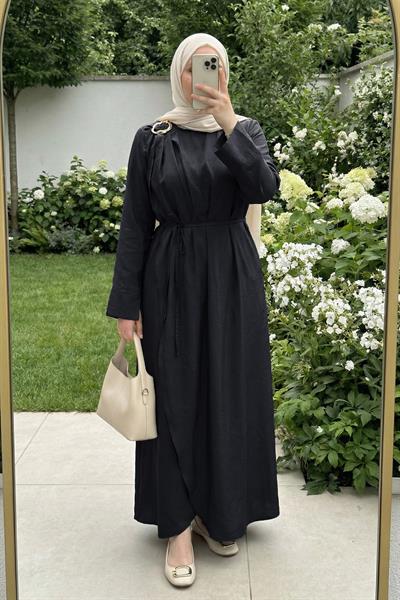 Omuzdan Broşlu Belden Kuşaklı Modal Siyah Elbise