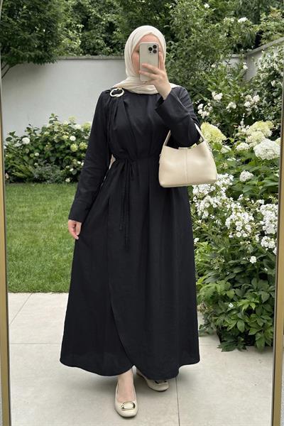 Omuzdan Broşlu Belden Kuşaklı Modal Siyah Elbise