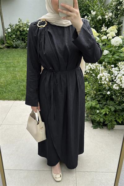 Omuzdan Broşlu Belden Kuşaklı Modal Siyah Elbise