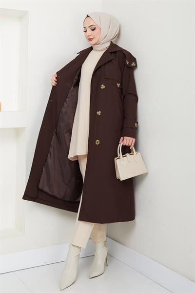 Omuzları Apolet Detaylı Astarlı Acı Kahve Trençkot