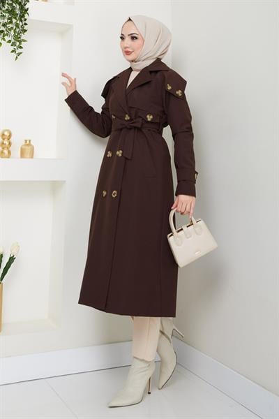 Omuzları Apolet Detaylı Astarlı Acı Kahve Trençkot