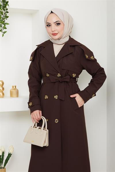 Omuzları Apolet Detaylı Astarlı Acı Kahve Trençkot