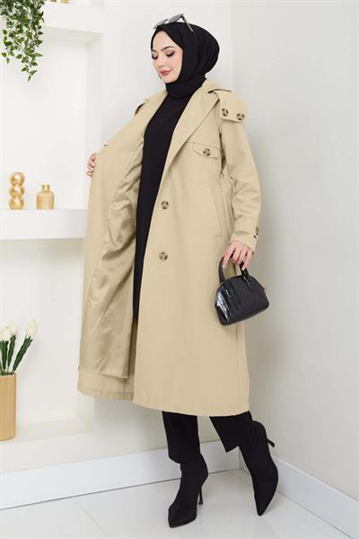 Omuzları Apolet Detaylı Astarlı Açık Bej Trençkot