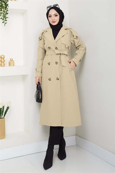 Omuzları Apolet Detaylı Astarlı Açık Bej Trençkot