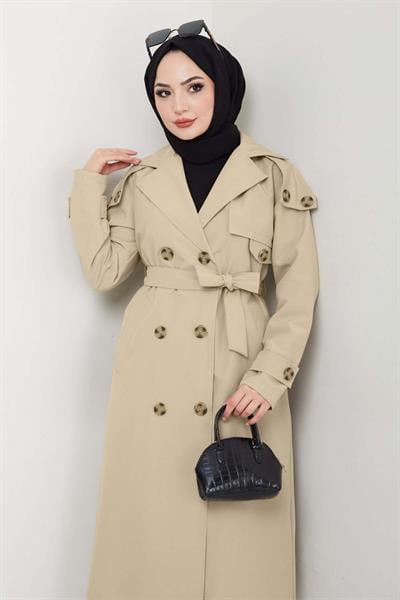Omuzları Apolet Detaylı Astarlı Açık Bej Trençkot