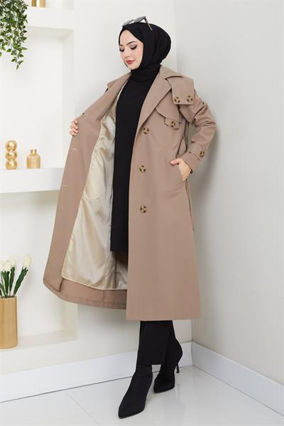 Omuzları Apolet Detaylı Astarlı Bej Trençkot