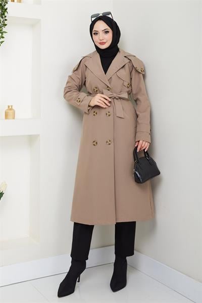 Omuzları Apolet Detaylı Astarlı Bej Trençkot