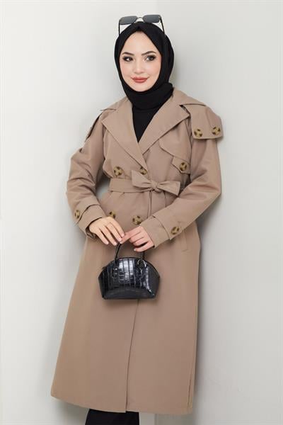 Omuzları Apolet Detaylı Astarlı Bej Trençkot