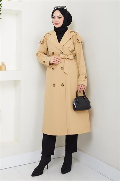 Omuzları Apolet Detaylı Astarlı Camel Trençkot