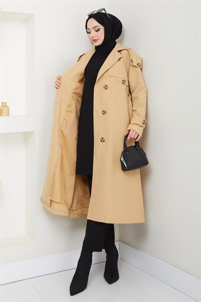 Omuzları Apolet Detaylı Astarlı Camel Trençkot