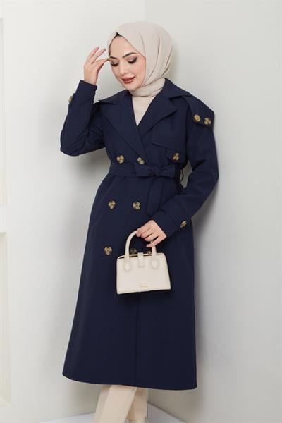 Omuzları Apolet Detaylı Astarlı Lacivert Trençkot