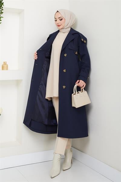 Omuzları Apolet Detaylı Astarlı Lacivert Trençkot