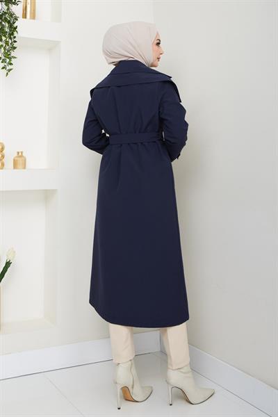 Omuzları Apolet Detaylı Astarlı Lacivert Trençkot
