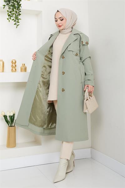 Omuzları Apolet Detaylı Astarlı Mint Yeşili Trençkot