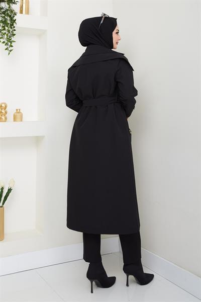 Omuzları Apolet Detaylı Astarlı Siyah Trençkot